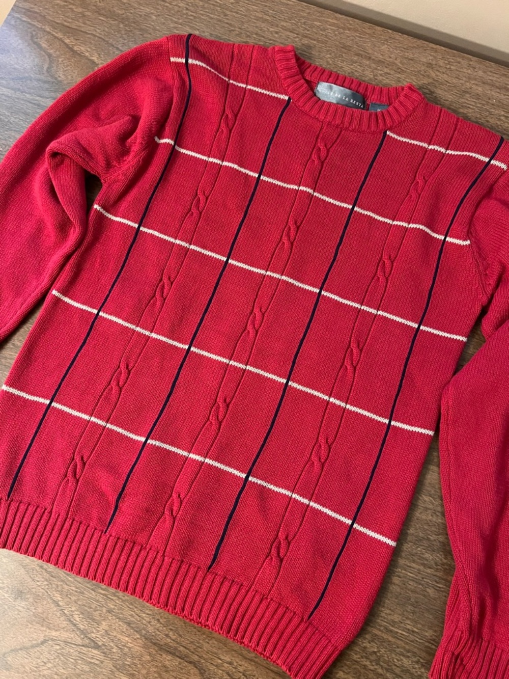 Vintage Oscar de la Renta Red Cable Knit Striped Sweater Preppy Grandpa Core - Picture 5 of 9